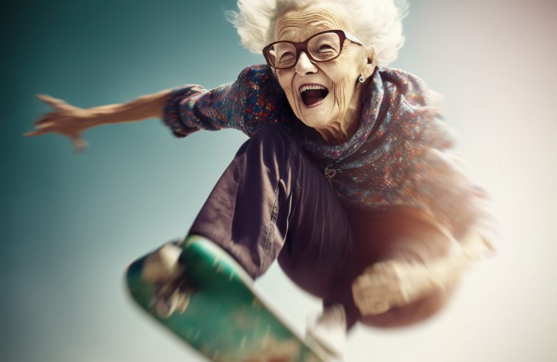 Alte Frau beim Sprung mit dem Skateboard - Generative AI